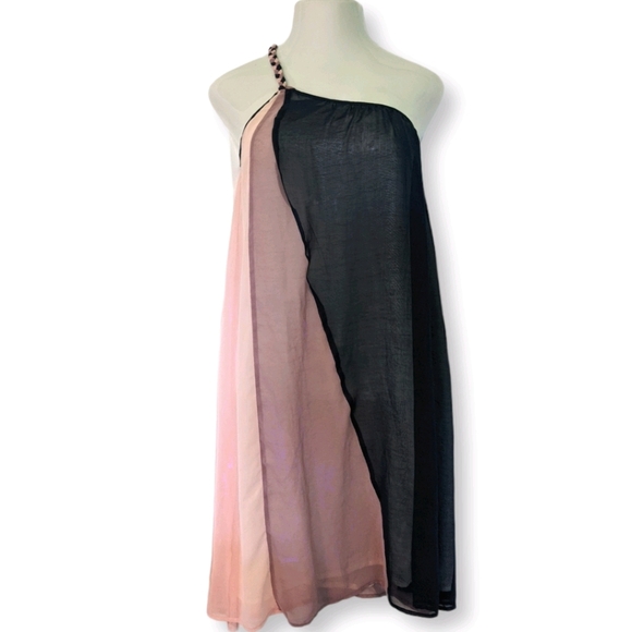F21 Color Block Pink One Shoulder Sheer Dress 1X